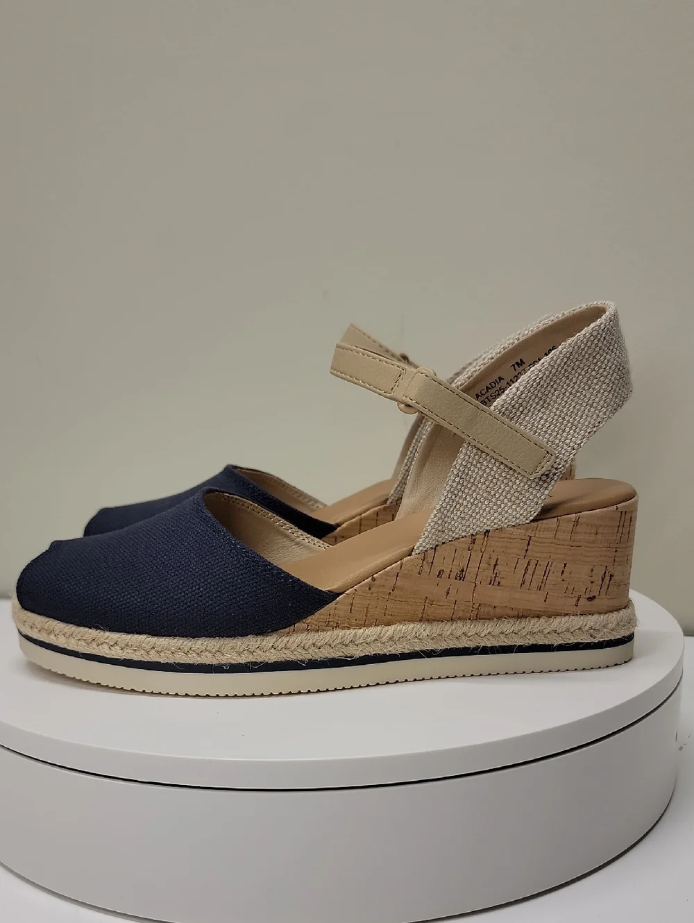 BARETRAPS-NEW IN BOX- Navy Canvas and Beige Cork Wedge Sandals